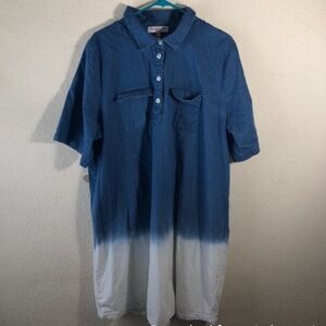 Dip dye shirt dress denim style 2X Collared Short Sleeve Blue White